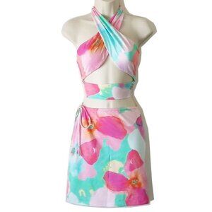 Set S/M Tiger Mist Tropical Floral Wrap Halter Top Skirt Fully Lined